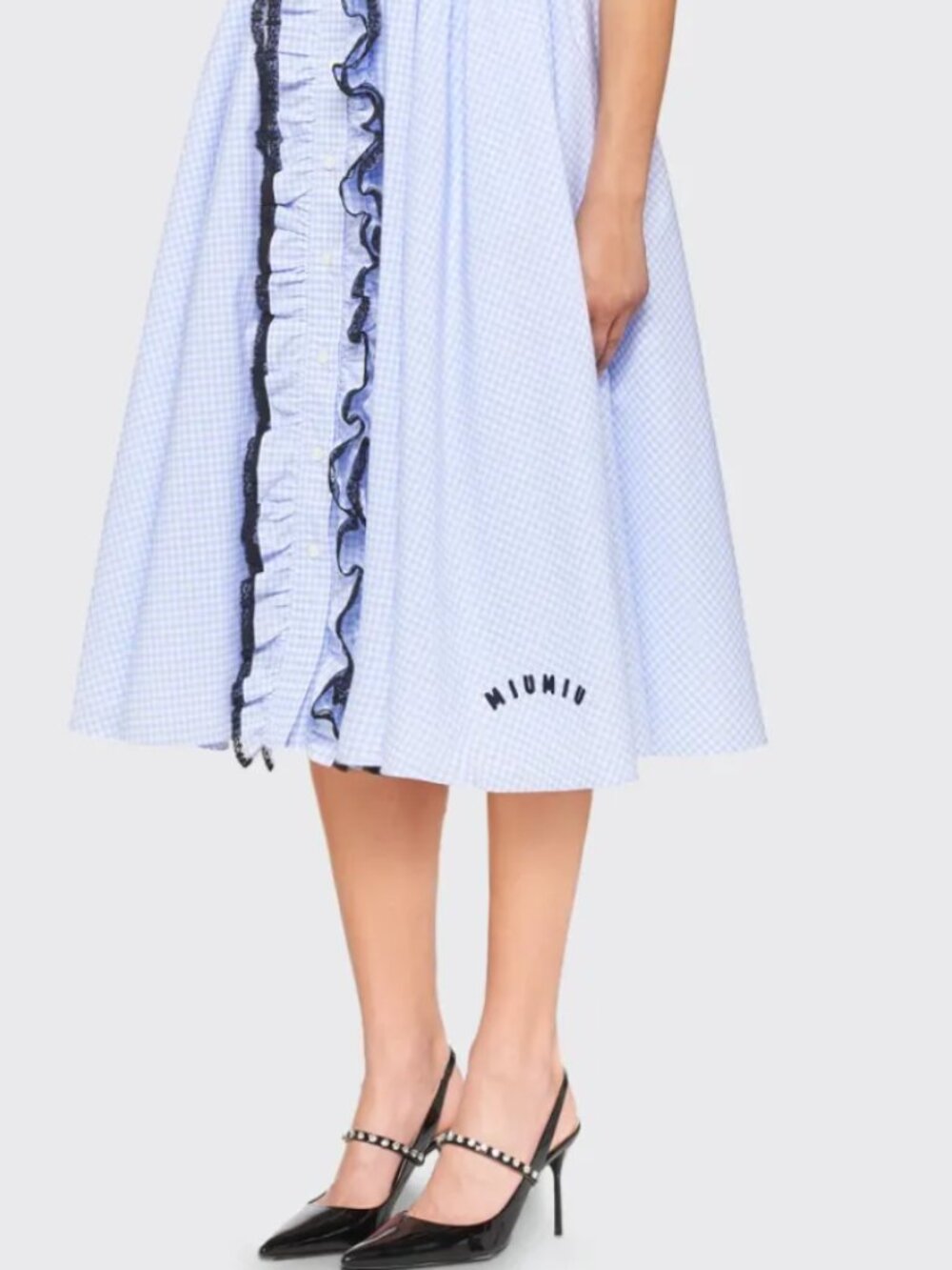 Miu Miu Gingham Ruffled Lace-Trimmed Midi Skirt - Picture 4 of 16